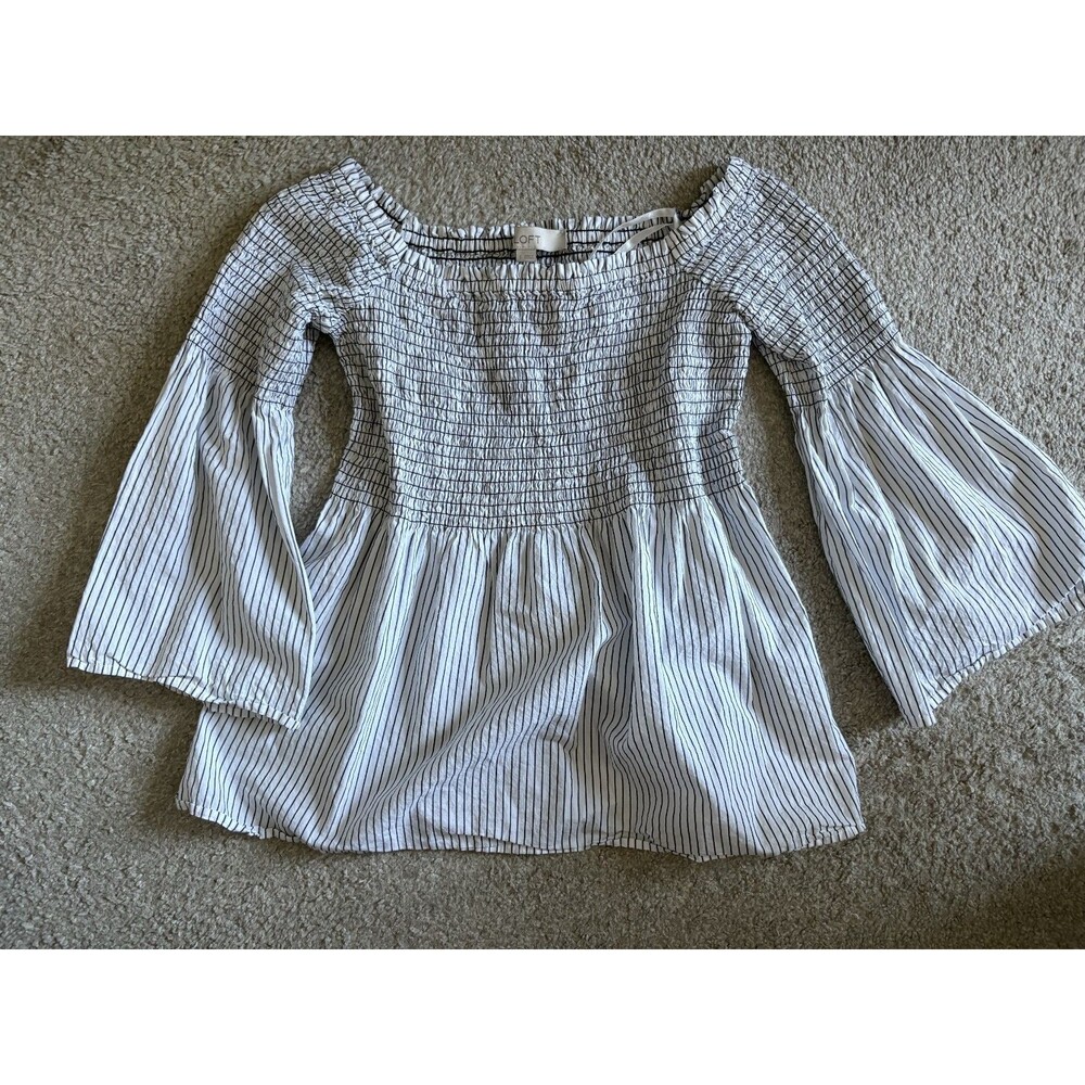 LOFT Women’s Small Off Shoulder Striped Blouse Bell Sleeve Smocked Top